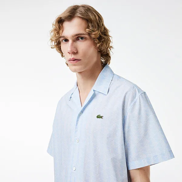 Áo Sơ Mi Cộc Tay Nam Lacoste Men's Short Sleeved Monogram Print Shirt CH8792 WB5 Màu Xanh Blue Size 39
