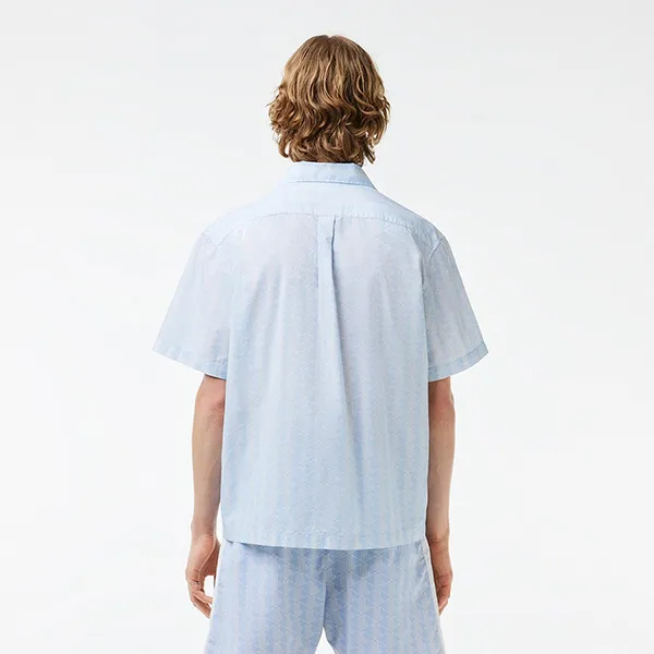 Áo Sơ Mi Cộc Tay Nam Lacoste Men's Short Sleeved Monogram Print Shirt CH8792 WB5 Màu Xanh Blue Size 39