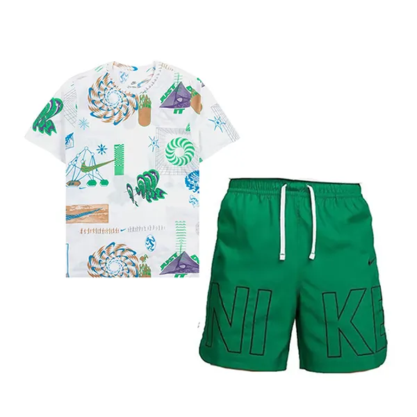 Bộ Quần Áo Cộc Tay Nam Nike Men's Sportswear Woven Flow Short Màu Trắng Xanh Size S (Form Âu)