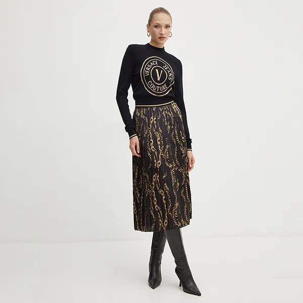 Chân Váy Nữ Versace Jeans Couture Pleated Skirt 77HAE8A5 NS525 G89 Màu Đen/Vàng Size 42