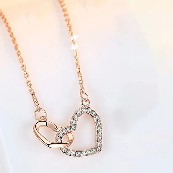 Dây Chuyền Nữ Lili Jewelry Bạc Đính Đá CZ Cặp Trái Tim Đôi LILI_636998 Màu Vàng Hồng