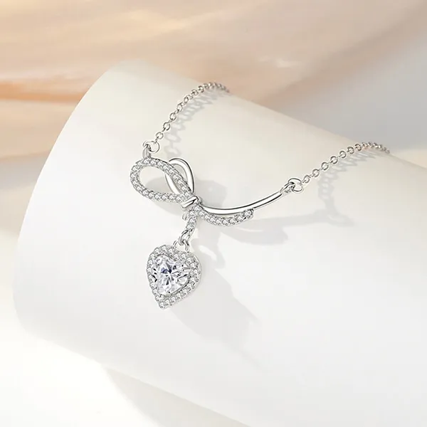 Dây Chuyền Nữ Lili Jewelry Bạc Đính Đá CZ Chiếc Nơ Tình Yêu Cecilia LILI_159657 Màu Bạc Trắng