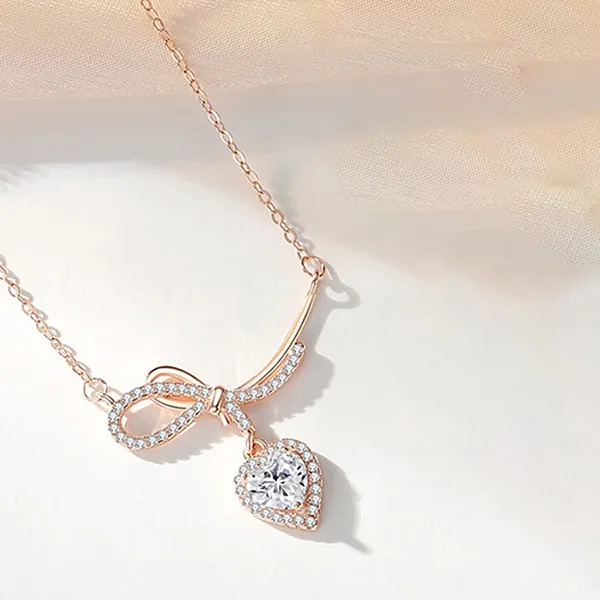 Dây Chuyền Nữ Lili Jewelry Bạc Đính Đá CZ Chiếc Nơ Tình Yêu Cecilia LILI_159657 Màu Vàng Hồng