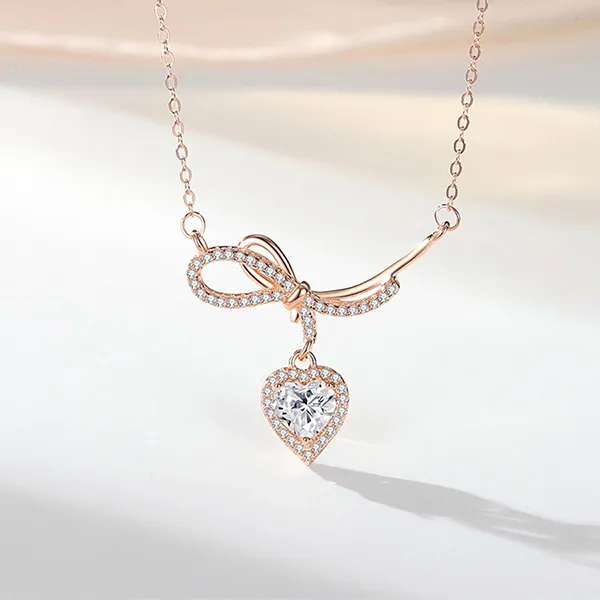 Dây Chuyền Nữ Lili Jewelry Bạc Đính Đá CZ Chiếc Nơ Tình Yêu Cecilia LILI_159657 Màu Vàng Hồng