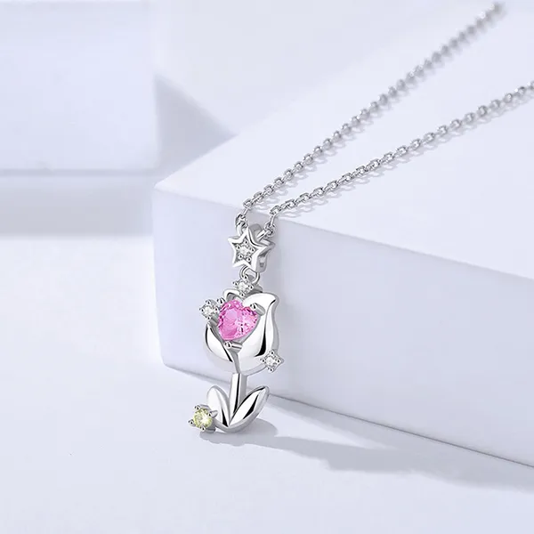 Dây Chuyền Nữ Lili Jewelry Bạc Đính Đá CZ Hoa Tulip LILI_105436 Màu Bạc Hồng