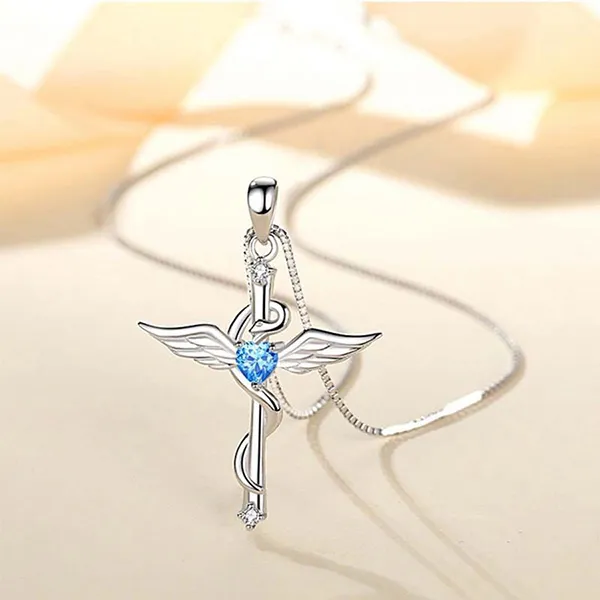 Dây Chuyền Nữ Lili Jewelry Đính Đá CZ Đôi Cánh Thiên Thần Chữ Thập LILI_519889 Màu Xanh