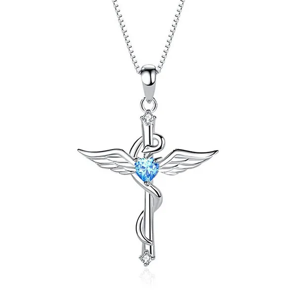 Dây Chuyền Nữ Lili Jewelry Đính Đá CZ Đôi Cánh Thiên Thần Chữ Thập LILI_519889 Màu Xanh