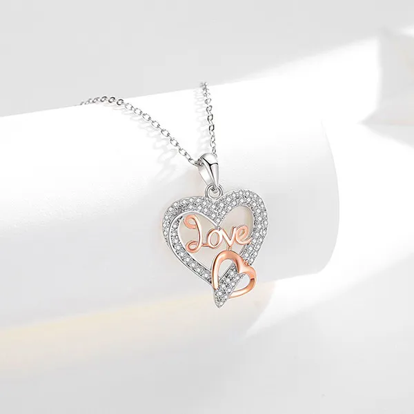 Dây Chuyền Nữ Lili Jewelry Đính Đá CZ Hình Trái Tim Love LILI_098576 Màu Bạc - Vàng Hồng