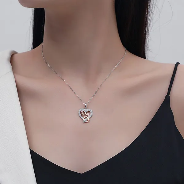Dây Chuyền Nữ Lili Jewelry Đính Đá CZ Hình Trái Tim Love LILI_098576 Màu Bạc - Vàng Hồng