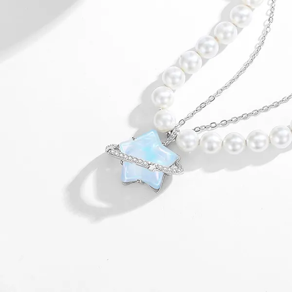 Dây Chuyền Nữ Lili Jewelry Đính Đá CZ, Ngọc Trai Ngôi Sao May Mắn Kori LILI_105594 Màu Xanh Bạc