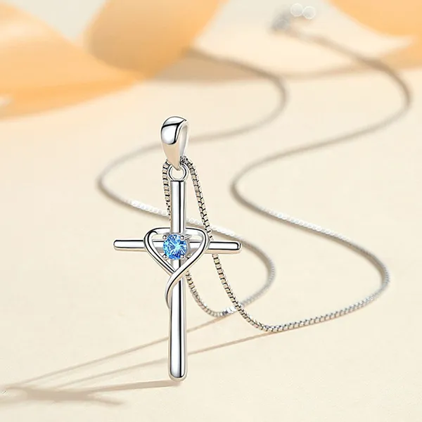 Dây Chuyền Nữ Lili Jewelry Đính Đá CZ Thánh Giá Chữ Thập Florence LILI_562936 Màu Xanh Bạc