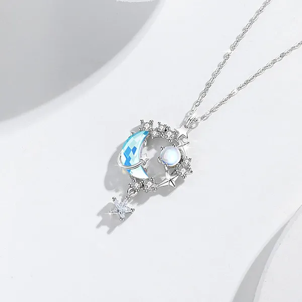 Dây Chuyền Nữ Lili Jewelry Đính Đá CZ Trăng Và Sao Greta LILI_098786 Màu Xanh Bạc