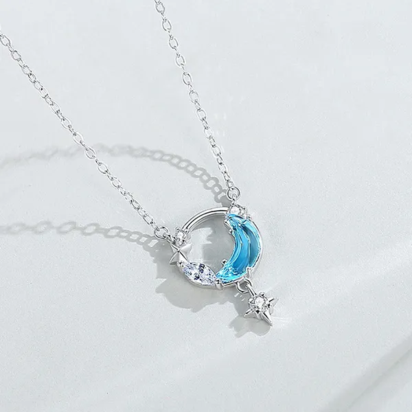 Dây Chuyền Nữ Lili Jewelry Đính Đá CZ Trăng Và Sao Samantha LILI_125858 Màu Xanh Bạc