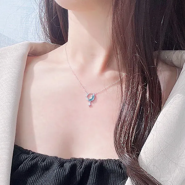 Dây Chuyền Nữ Lili Jewelry Đính Đá CZ Trăng Và Sao Samantha LILI_125858 Màu Xanh Bạc