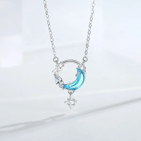 Dây Chuyền Nữ Lili Jewelry Đính Đá CZ Trăng Và Sao Samantha LILI_125858 Màu Xanh Bạc
