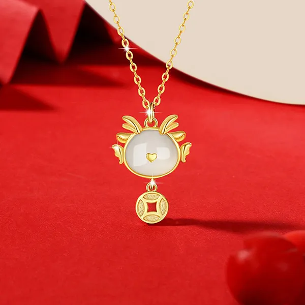 Dây Chuyền Nữ Lili Jewelry Đính Ngọc Bích Hetian Rồng Kim Tiền Aviana LILI_105600 Màu Vàng