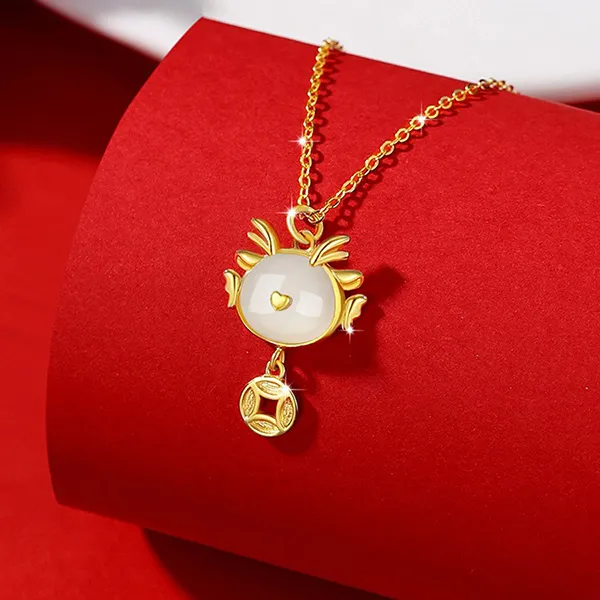Dây Chuyền Nữ Lili Jewelry Đính Ngọc Bích Hetian Rồng Kim Tiền Aviana LILI_105600 Màu Vàng