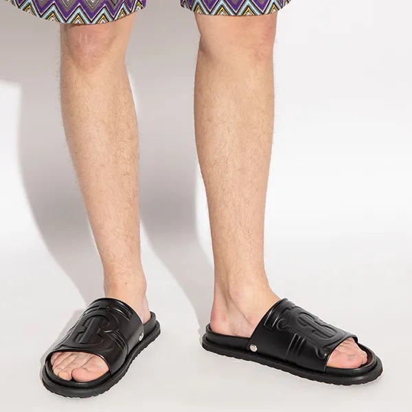 Dép Nam Burberry Logo Leather Slides In Black 8065467 Đen Size 41