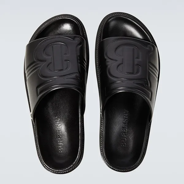 Dép Nam Burberry Logo Leather Slides In Black 8065467 Đen Size 41