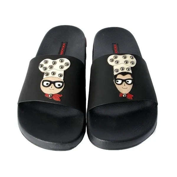 Dép Nam Dolce & Gabbana D&G Rubber And Calfskin Sliders With Patches CS1646 Màu Đen Size 41