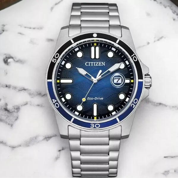 Đồng Hồ Nam Citizen Marine 1810 Eco Drive Blue Dial Watch AW1810-85L Màu Xanh Bạc