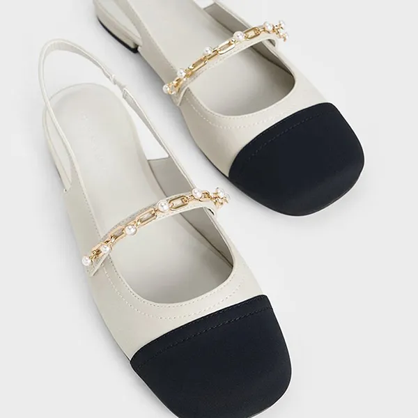 Giày Búp Bê Nữ Charles & Keith CNK Rio Beaded Chain Link Slingback Flats Chalk CK1-70900382-2 Màu Trắng Đen Size 36