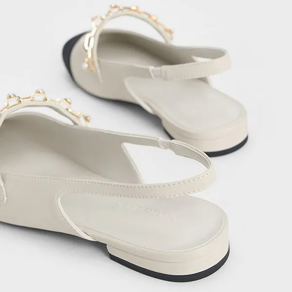 Giày Búp Bê Nữ Charles & Keith CNK Rio Beaded Chain Link Slingback Flats Chalk CK1-70900382-2 Màu Trắng Đen Size 36