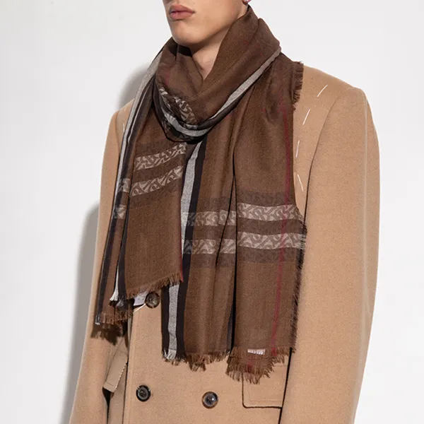 Khăn Quàng Cổ Burberry Check Monogram Wool & Silk Scarf 8059536 Màu Nâu