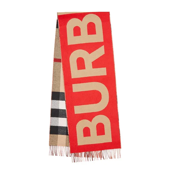 Khăn Quàng Cổ Burberry Reversible Check And Logo Cashmere Scarf Màu Be - Đỏ