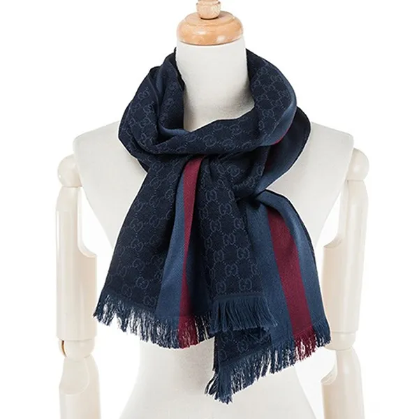 Khăn Quàng Cổ Gucci Wool Silk GG Monogram Web Stripe Scarf Màu Xanh Navy