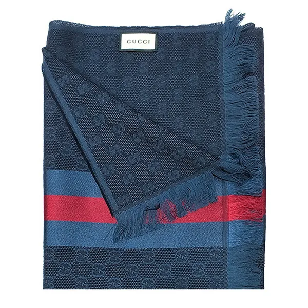 Khăn Quàng Cổ Gucci Wool Silk GG Monogram Web Stripe Scarf Màu Xanh Navy