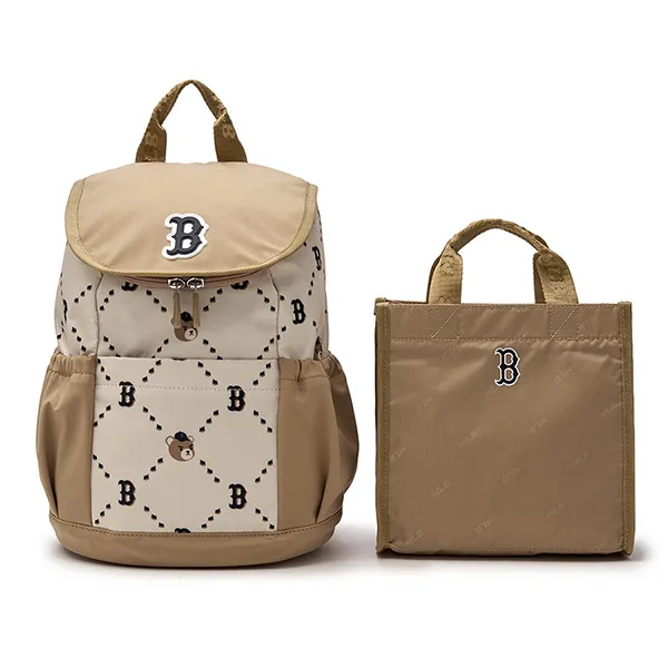 Set Balo + Túi Xách Trẻ Em MLB Diamond Monogram Monobear Colorblock Boston Red Sox 7ABKC015N-43BGD Màu Beige