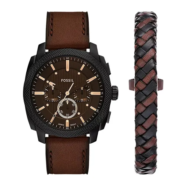 Set Đồng Hồ + Vòng Đeo Tay Nam Fossil Machine Chronograph Brown Leather Watch and Bracelet Set FS6102SET Màu Nâu - Đồng hồ - Vua Hàng Hiệu