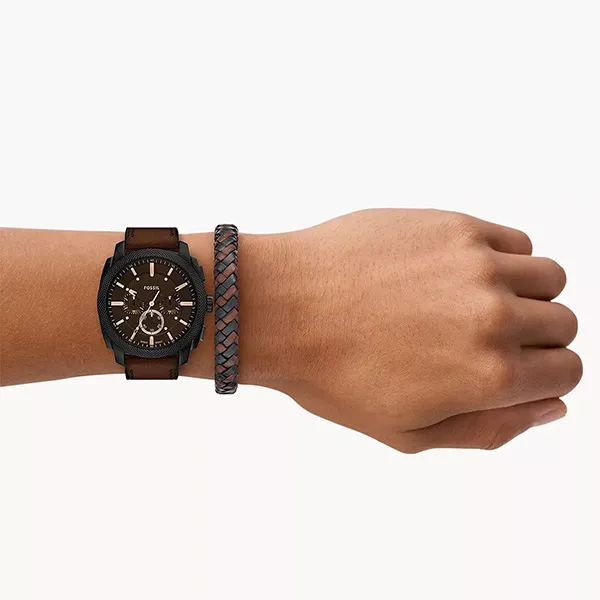 Set Đồng Hồ + Vòng Đeo Tay Nam Fossil Machine Chronograph Brown Leather Watch and Bracelet Set FS6102SET Màu Nâu - Đồng hồ - Vua Hàng Hiệu