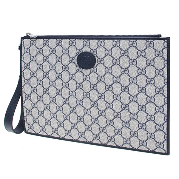 Túi Cầm Tay Nam Gucci Supreme Canvas Interlocking GG Pouch Màu Be Xanh