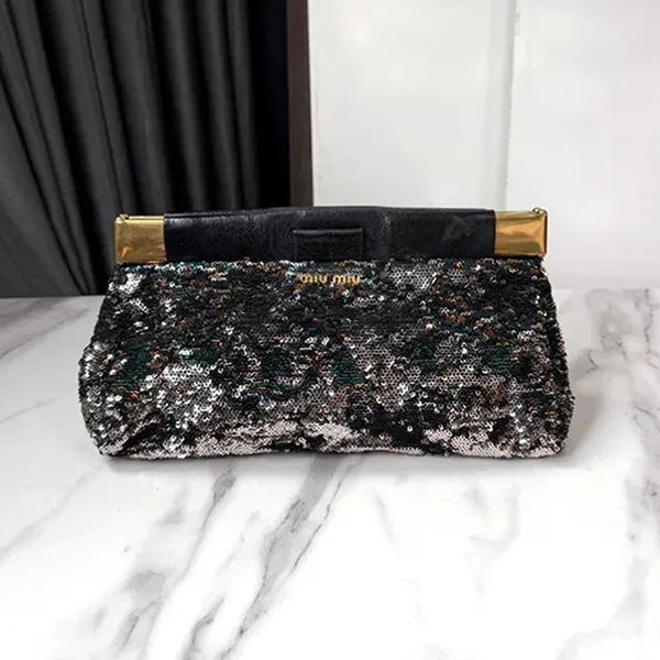 Túi Cầm Tay Nữ Miu Miu Multicolour Sequin Leather Clutch Màu Đen Xanh - Túi xách - Vua Hàng Hiệu