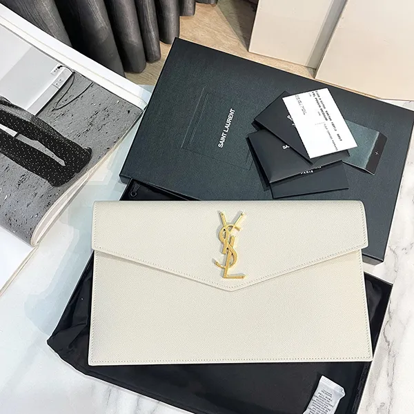 Túi Cầm Tay Nữ Yves Saint Laurent YSL Uptown Pouch Grain De Poudre Clutch White Màu Trắng - Túi xách - Vua Hàng Hiệu