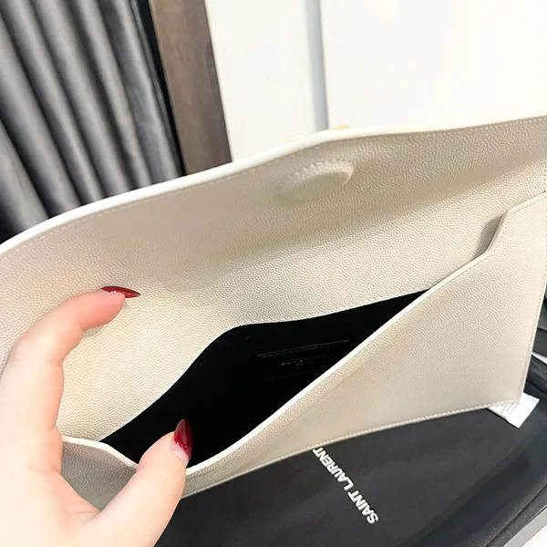 Túi Cầm Tay Nữ Yves Saint Laurent YSL Uptown Pouch Grain De Poudre Clutch White Màu Trắng - Túi xách - Vua Hàng Hiệu