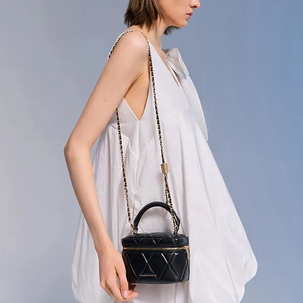 Túi Đeo Chéo Nữ Charles & Keith CNK Arwen Quilted Top Handle Vanity Bag - Black CK2-80782534 Màu Đen