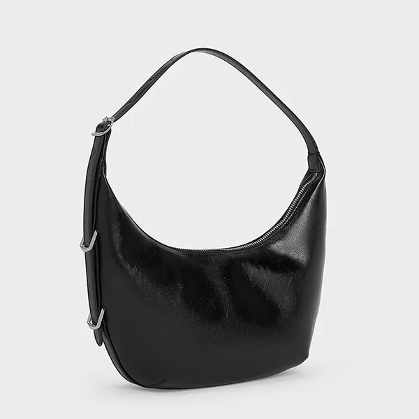 Túi Đeo Vai Nữ Charles & Keith CNK Bryna Metallic Curved Hobo Bag Noir CK2-40782526 Màu Đen