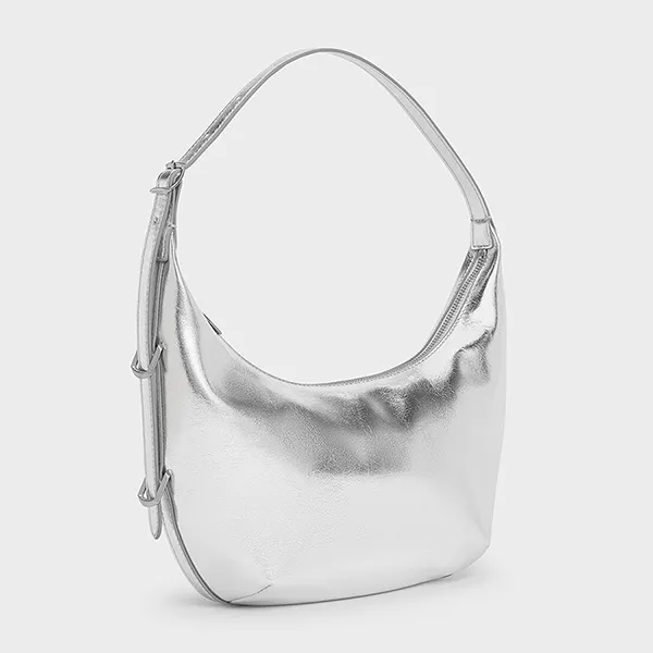 Túi Đeo Vai Nữ Charles & Keith CNK Bryna Metallic Curved Hobo Bag Silver CK2-40782526 Màu Bạc