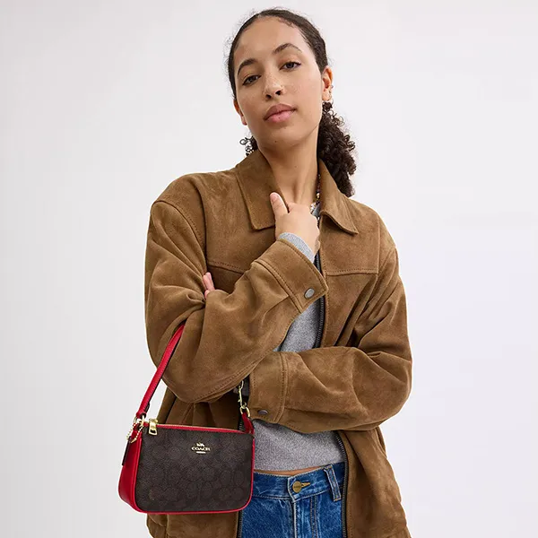 Túi Đeo Vai Nữ Coach Nolita 19 In Colorblock Signature Canvas Shoulder Bag CY039 Màu Nâu/Đỏ