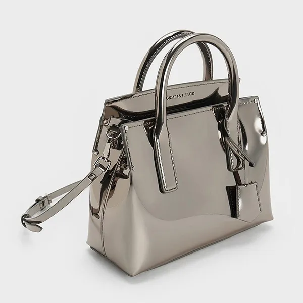 Túi Xách Tay Nữ Charles & Keith CNK Rene Metallic Structured Top Handle Bag - Pewter CK2-30271421 Màu Thiếc