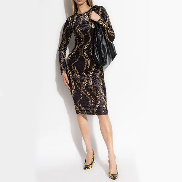 Váy Versace Jeans Couture Black Slim Fit Dress 77HAO9B0 JS367 G89 Màu Đen Vàng Size 40