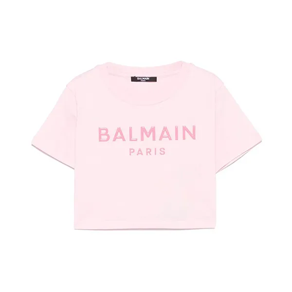 Áo Croptop Trẻ Em Balmain Logo Fuchsia Tshirt BW8A61 Z0082 511FU Màu Hồng Nhạt Size 12