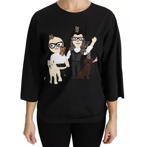 Áo Phông Nữ Dolce & Gabbana D&G Family Patch Silk Blusa T-Shirt Màu Đen Size 48