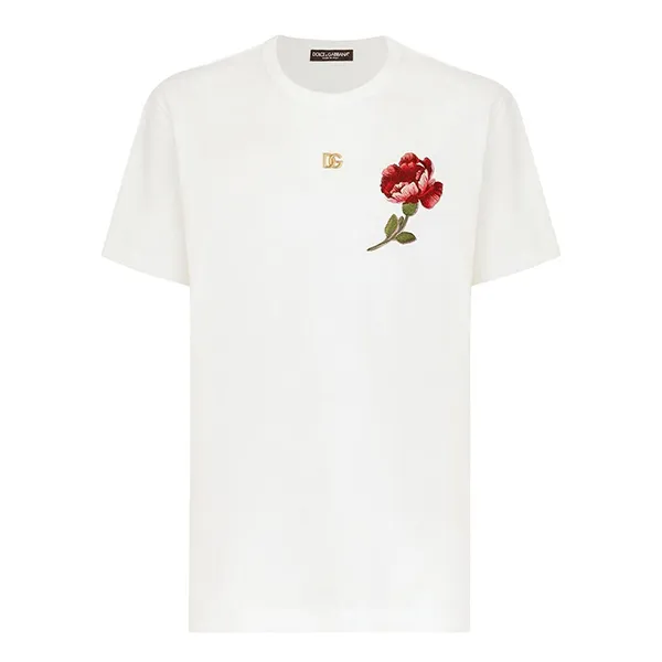 Áo Phông Nam Dolce & Gabbana D&G Floral-Embroidered Cotton T-Shirt Màu Trắng Size 46