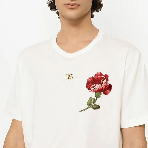 Áo Phông Nam Dolce & Gabbana D&G Floral-Embroidered Cotton T-Shirt Màu Trắng Size 46