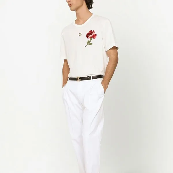 Áo Phông Nam Dolce & Gabbana D&G Floral-Embroidered Cotton T-Shirt Màu Trắng Size 46