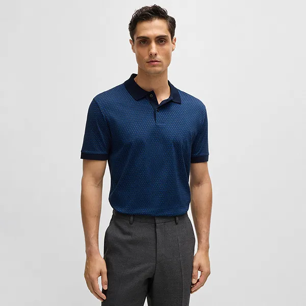Áo Polo Nam Hugo Boss Mercerized-cotton Polo Shirt With Two-tone Monogram Print 50518877 405 Màu Xanh Blue Size S